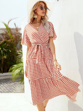 V-neck Houndstooth Midi Skirt High Waist Dress Sai Feel